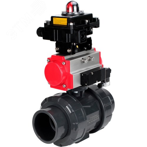 Изображение товара Кран шаровой НПВХ-НПВХ-E-FP-GRM-ISO Дн40 Ру10 полнопроходной, корпус НПВХ, шар НПВХ, уплотнение EPDM, с пневмоприводом SA-065, пневмораспределителем PND2-S1EM-52-1NC-J08-220VAC и БКВ LSB-410-02ExM12-250 (шт)