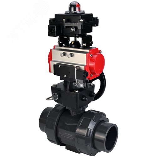 Изображение товара Кран шаровой НПВХ-НПВХ-E-FP-GRM-ISO Дн32 Ру10 полнопроходной, корпус НПВХ, шар НПВХ, уплотнение EPDM, с пневмоприводом DA-052, пневмораспределителем PND2-S1EM-52-1NC-J08-220VAC, ручным дублером HDM-1 и БКВ LSB-410-02ExM12-250 (шт)