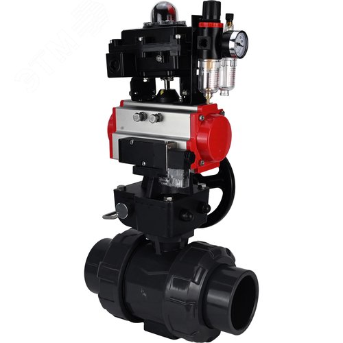 Изображение товара Кран шаровой НПВХ-НПВХ-E-FP-GRM-ISO Дн40 Ру10 полнопроходной, корпус НПВХ, шар НПВХ, уплотнение EPDM, с пневмоприводом DA-052, пневмораспределителем PND2-S1EM-52-1NC-J08-24VDC, дублером HDM-1, БКВ LSB-410-02ExM12-250 и БПВ APU1-10-40-V08 (шт)