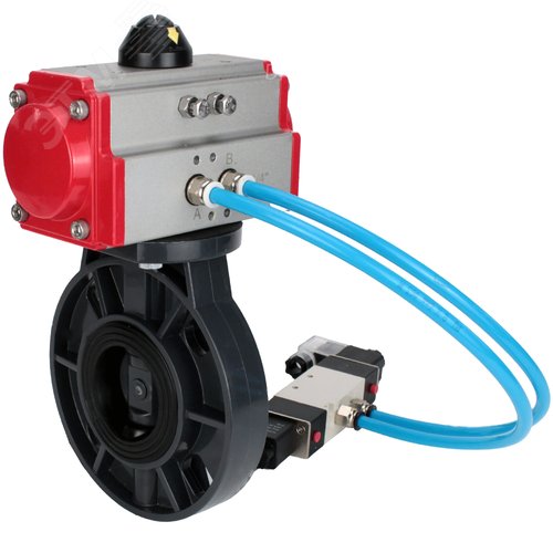 Изображение товара Затвор дисковый поворотный НПВХ-НПВХ-E-2W-Fb-ISO Дн80 Ру10 межфланцевый, корпус НПВХ, диск НПВХ, уплотнение EPDM, с пневмоприводом SA-083 и пневмораспределителем PND1-S2EM-52-2-8-220VAC (шт)