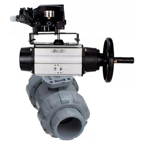 Изображение товара Кран шаровой НПВХ-НПВХ-E-FP-GRM-ISO Дн65 Ру10 полнопроходной, корпус НПВХ, шар НПВХ, уплотнение EPDM, с пневмоприводом DA-105-1 и пневмопозиционером EPRP1-NU-Fb-08 (шт)