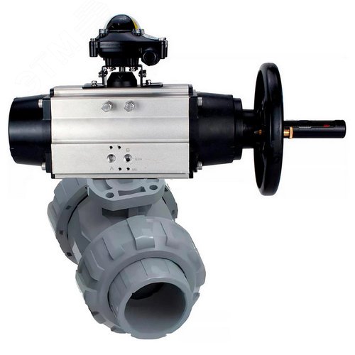 Изображение товара Кран шаровой НПВХ-НПВХ-E-FP-GRM-ISO Дн65 Ру10 полнопроходной, корпус НПВХ, шар НПВХ, уплотнение EPDM, с пневмоприводом DA-105-1 и БКВ LSB-410-02ExM12-250 (шт)