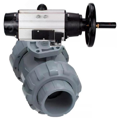 Изображение товара Кран шаровой НПВХ-НПВХ-E-FP-GRM-ISO Дн50 Ру10 полнопроходной, корпус НПВХ, шар НПВХ, уплотнение EPDM, с пневмоприводом DA-105-1 и пневмораспределителем PND1-S2EM-52-2-0-220VAC (шт)