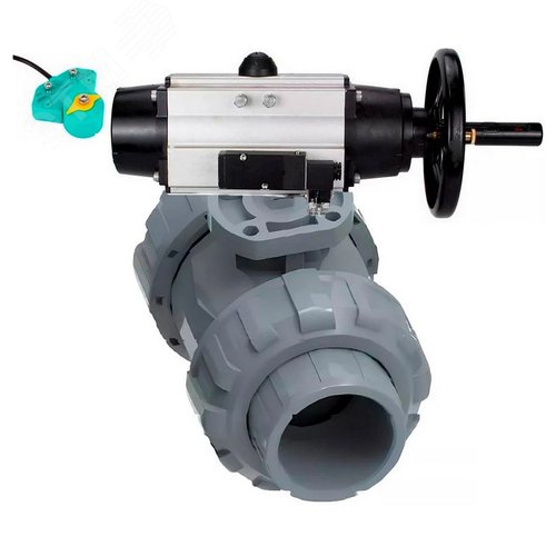 Изображение товара Кран шаровой НПВХ-НПВХ-E-FP-GRM-ISO Дн100 Ру10 полнопроходной, корпус НПВХ, шар НПВХ, уплотнение EPDM, с пневмоприводом DA-105-1, пневмораспределителем PND2-S1EM-52-1NC-J08-220VAC и магнитным переключателем МППП-200 (шт)