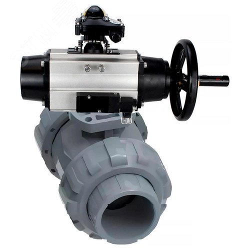 Изображение товара Кран шаровой НПВХ-НПВХ-E-FP-GRM-ISO Дн65 Ру10 полнопроходной, корпус НПВХ, шар НПВХ, уплотнение EPDM, с пневмоприводом DA-105-1, пневмораспределителем PND1-S2EM-52-2-8-220VAC и БКВ LSB-210-02NM12-220/24 (шт)