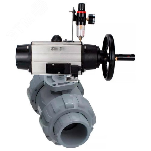 Изображение товара Кран шаровой НПВХ-НПВХ-E-FP-GRM-ISO Дн15 Ру10 полнопроходной, корпус НПВХ, шар НПВХ, уплотнение EPDM, с пневмоприводом DA-105-1, пневмораспределителем PND1-S2EM-52-2-0-220VAC и БПВ APU1-10-40-V08 (шт)