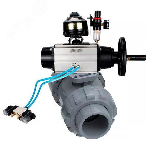 Изображение товара Кран шаровой НПВХ-НПВХ-E-FP-GRM-ISO Дн65 Ру10 полнопроходной, корпус НПВХ, шар НПВХ, уплотнение EPDM, с пневмоприводом DA-105-1, пневмораспределителем PND1-S2EM-52-2-0-220VAC, БКВ LSB-410-02ExM12-250 и БПВ APU1-10-40-V08 (шт)