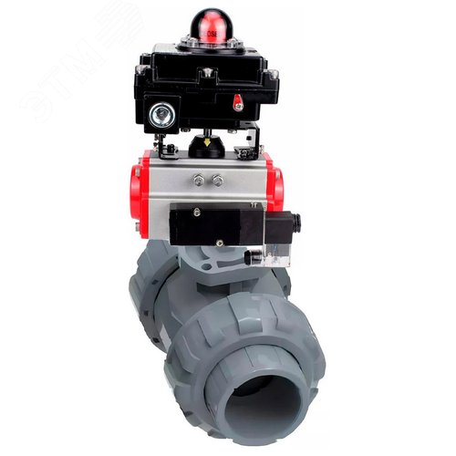 Изображение товара Кран шаровой НПВХ-НПВХ-E-FP-GRM-ISO Дн25 Ру10 полнопроходной, корпус НПВХ, шар НПВХ, уплотнение EPDM, с пневмоприводом DA-052, пневмораспределителем PND1-S2EM-52-2-0-220VAC и БКВ LSB-410-02ExM12-250 (шт)