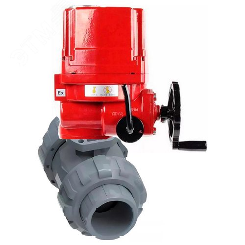 Изображение товара Кран шаровой НПВХ-НПВХ-E-FP-GRM-ISO Дн100 Ру10 полнопроходной, клеевой с разборным муфтовым соединением, корпус НПВХ, шар НПВХ, уплотнение EPDM, с электроприводом взрывозащищенным EX-010 220В (шт)