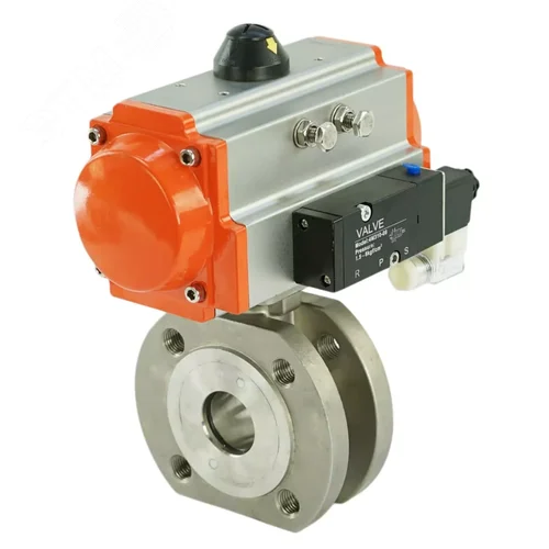 Изображение товара Кран шаровой КШмФП.316.200 Ду25 Ру16 полнопроходной двухходовой, нержавеющая сталь 316, межфланцевый, уплотнение PTFE, пневмопривод SA-065 с возвратными пружинами, пневмораспределитель PND2-S1EM-52-1NC-J08-220VAC (шт)