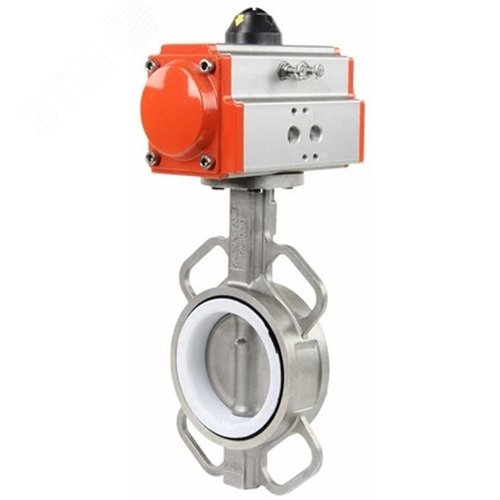 Изображение товара Затвор дисковый поворотный 316L-316L-PTFE Ду65 Ру16, корпус и диск нержавеющая сталь 316L, уплотнение PTFE, с пневмоприводом PA-SA-105-10 с возвратными пружинами (шт)
