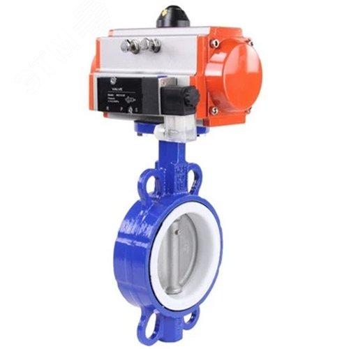 Изображение товара Затвор дисковый поворотный WCB-316L-PTFE Ду50 Ру16, корпус углеродистая сталь WCB, диск нержавеющая сталь 316L, уплотнение PTFE, с пневмоприводом DA-083 двойного действия, с пневмораспределителем PND1-S2EM-52-2-T10-220VAC (шт)
