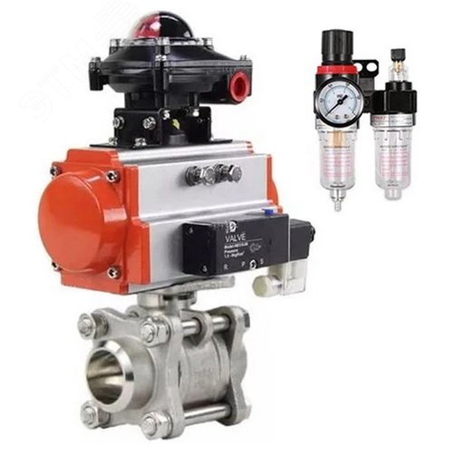 Изображение товара Кран шаровой 316-316-PTFE-FP-W-ISO-H WDVF Ду32 Ру63 полнопроходной, 3-составной, нерж. сталь 316, PTFE, под приварку, с пневмоприводом SA-083, пн.распределителем PND2-S1EM-52-1NC-J08-220VAC, БКВ LSB-210-02NM12-220/24, БПВ APU1-10-40-V08 (шт)