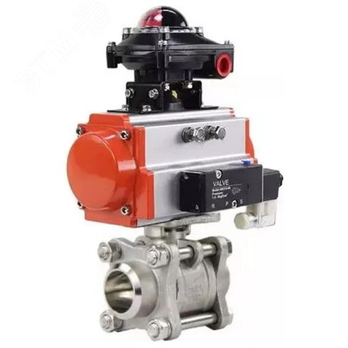 Изображение товара Кран шаровой 316-316-PTFE-FP-W-ISO-H WDVF Ду32 Ру63 полнопроходной, 3-составной, корпус нержавеющая сталь 316, уплотнение PTFE, под приварку, с пневмоприводом SA-083, пневмораспределителем PND2-S1EM-52-1NC-J08-220VAC, БКВ LSB-210-02NM12-220/24 (шт)