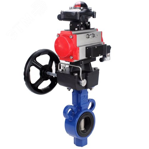 Изображение товара Затвор дисковый поворотный AL-316L-EPDM Ду25 Ру16, корпус алюминиевый сплав, диск нержавеющая сталь 316L, EPDM, с пневмоприводом DA-065, с пневмораспределителем PND1-S2EM-52-2-0-220VAC, БКВ LSB-210-02NM12-220/24, ручным дублером HDM-1 (шт)