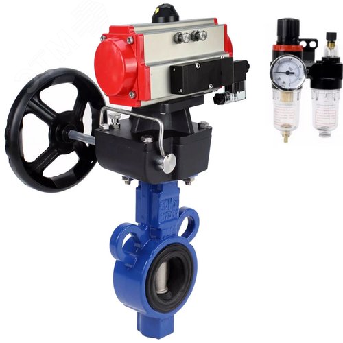 Изображение товара Затвор дисковый поворотный AL-316L-EPDM Ду32 Ру16, корпус алюминиевый сплав, диск нержавеющая сталь 316L, уплотнение EPDM, с пневмоприводом DA-065, с пневмораспределителем PND1-S2EM-52-2-0-220VAC, ручным дублером HDM-1, БПВ APU1-10-40-V08 (шт)