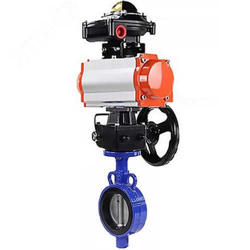 Изображение товара Затвор дисковый поворотный AL-316L-EPDM Ду25 Ру16, корпус алюминевый сплав, диск нержавеющая сталь 316L, уплотнение EPDM, с пневмоприводом DA-065 двойного действия, с БКВ LSB-210-02NM12-220/24, с ручным дублером HDM-1 (шт)