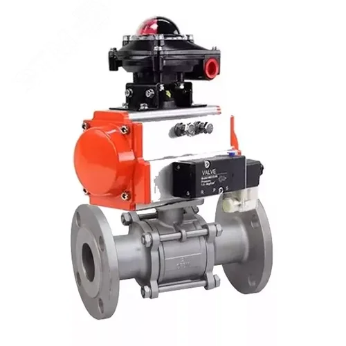 Изображение товара Кран шаровой КШФПТ.304.180 Ду20 Ру40, трехсоставной полнопроходной фланцевый, нержавеющая сталь SS304, PTFE, пневмопривод DA-052 двойного действия, пневмораспределитель PND2-S1EM-52-1NC-J08-220VAC, с БКВ LSB-210-02NM12-220/24 (шт)