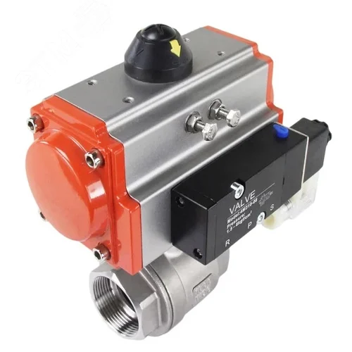 Изображение товара Кран шаровой КШМП.316.230-ISO Ду20 Ру63 полнопроходной двухходовой, нержавеющая сталь SS316, внутренняя резьба, уплотнение PTFE, пневмопривод DA-052 двойного действия, пневмораспределитель PND2-S1EM-52-1NC-J08-220VAC (шт)