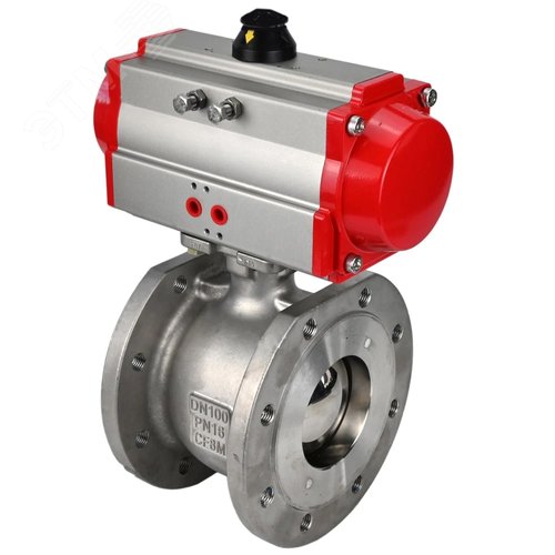 Изображение товара Кран шаровой КШмФП.316.200 Ду32 Ру16 полнопроходной двухходовой, нержавеющая сталь 316, межфланцевый, уплотнение PTFE, пневмопривод DA-065 двойного действия (шт)