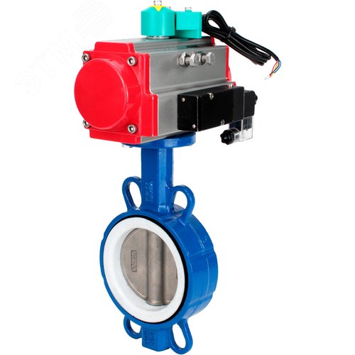 Изображение товара Затвор дисковый поворотный WCB-316L-PTFE Ду65 Ру16 корпус углеродистая сталь WCB, диск нерж. сталь 316L, уплотнение PTFE, с пн.приводом DA-083, пн.распределителем PND2-S1EM-52-1NC-J08-24VDC и магнитным переключателем МППП-200 (шт)