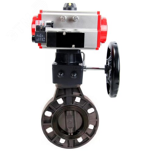 Изображение товара Затвор дисковый поворотный НПВХ-НПВХ-E-2W-Fb-ISO Дн80 Ру10 межфланцевый, корпус НПВХ, диск НПВХ, уплотнение EPDM, с пневмоприводом DA-052, пневмораспределителем PND2-S1EM-52-1NC-J08-24VDC и ручным дублером HDM-1 (шт)