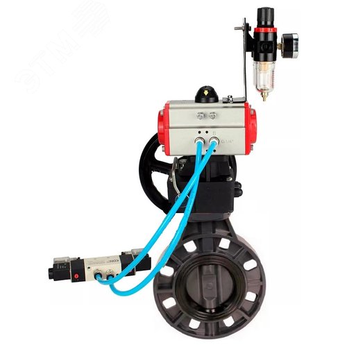 Изображение товара Затвор дисковый поворотный НПВХ-НПВХ-E-2W-Fb-ISO Дн125 Ру10 межфланцевый, корпус НПВХ, диск НПВХ, уплотнение EPDM, с пневмоприводом DA-065, пневмораспределителем PND2-S1EM-52-1NC-J08-24VDC, дублером HDM-1 и БПВ APU1-10-40-V08 (шт)