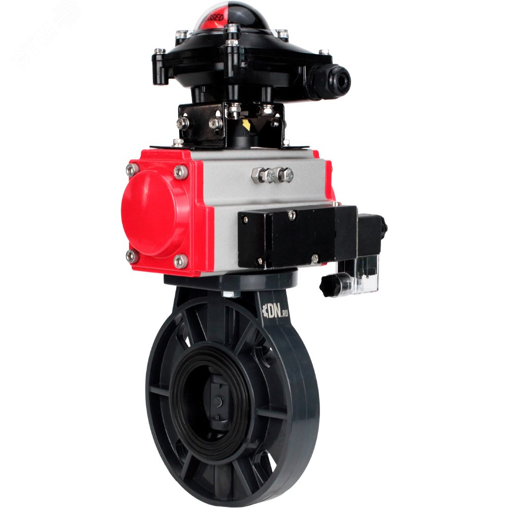 Изображение товара Затвор дисковый поворотный НПВХ Дн125 Ру10 с пневмоприводом DN.ru