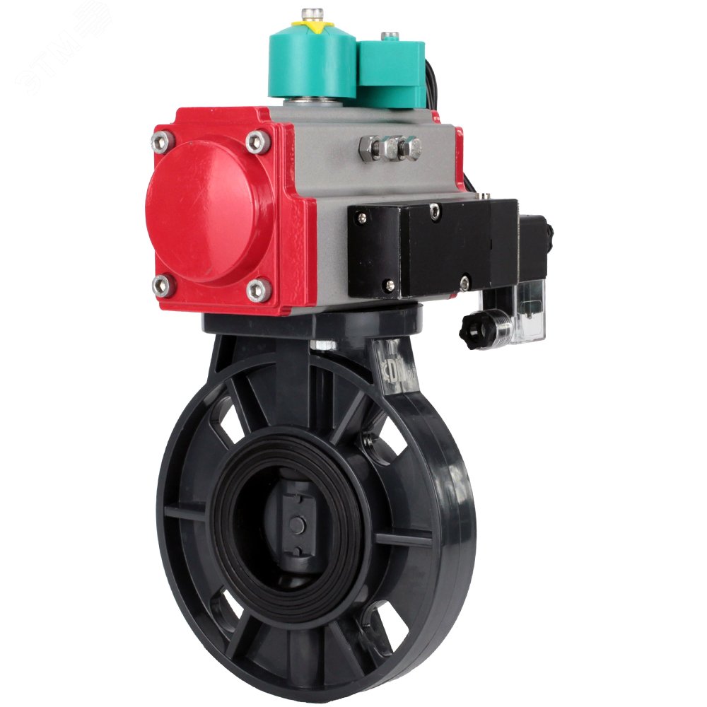 Изображение товара Затвор дисковый поворотный НПВХ-НПВХ-E-2W-Fb-ISO Дн125 Ру10 межфланцевый, корпус НПВХ, диск НПВХ, уплотнение EPDM, с пневмоприводом DA-065, пневмораспределителем PND2-S1EM-52-1NC-J08-24VDC и магнитным переключателем МППП-200 (шт)