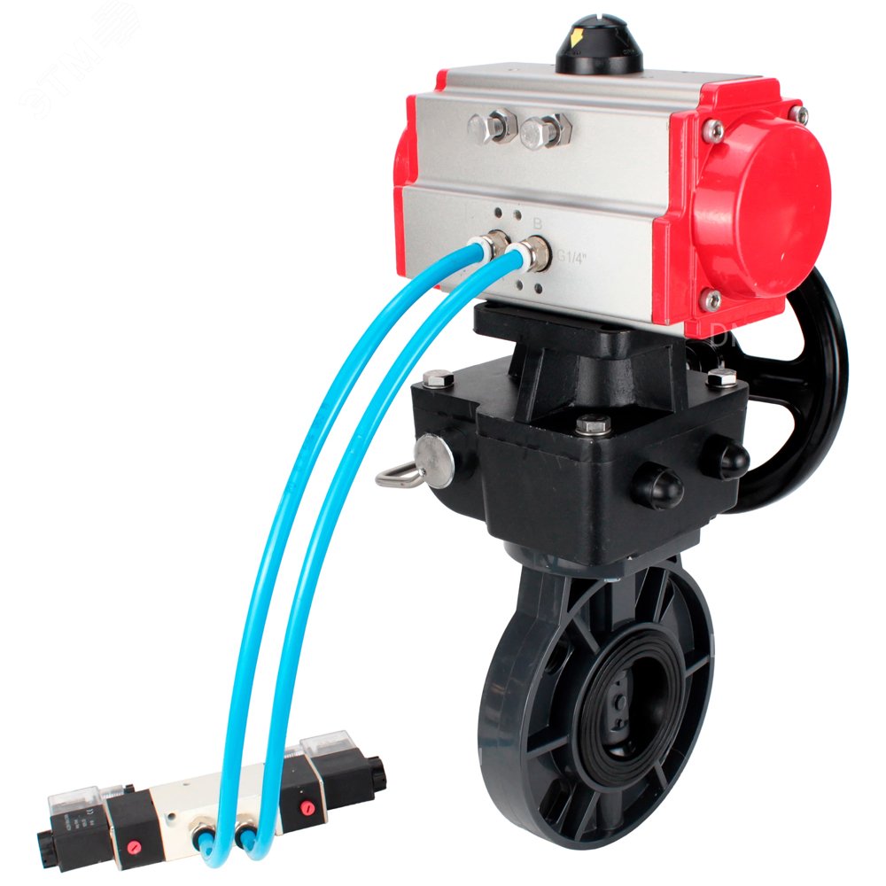 Изображение товара Затвор дисковый поворотный НПВХ D150 Ру10 пневмопривод и ручной дублер