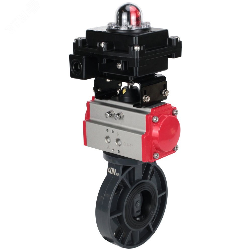 Изображение товара Затвор дисковый поворотный НПВХ Dn150 Ру10 с пневмоприводом и межфланцевым соединением