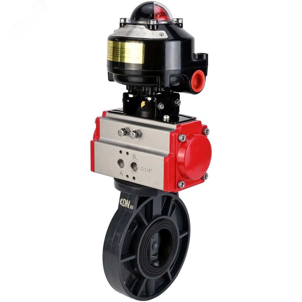 Изображение товара Затвор дисковый поворотный НПВХ Дн65 Ру10 с пневмоприводом и взрывозащищенным сигнализатором