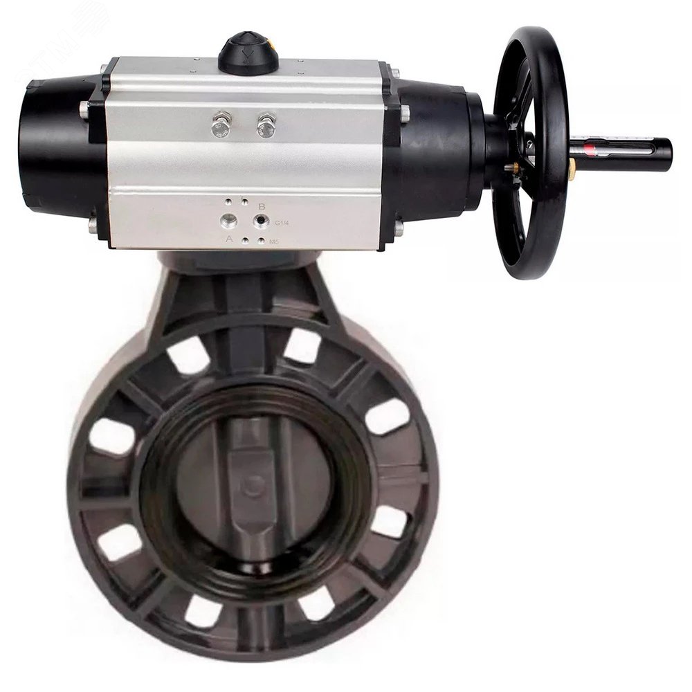 Изображение товара Затвор дисковый поворотный НПВХ Дн80 Ру10 межфланцевый с пневмоприводом