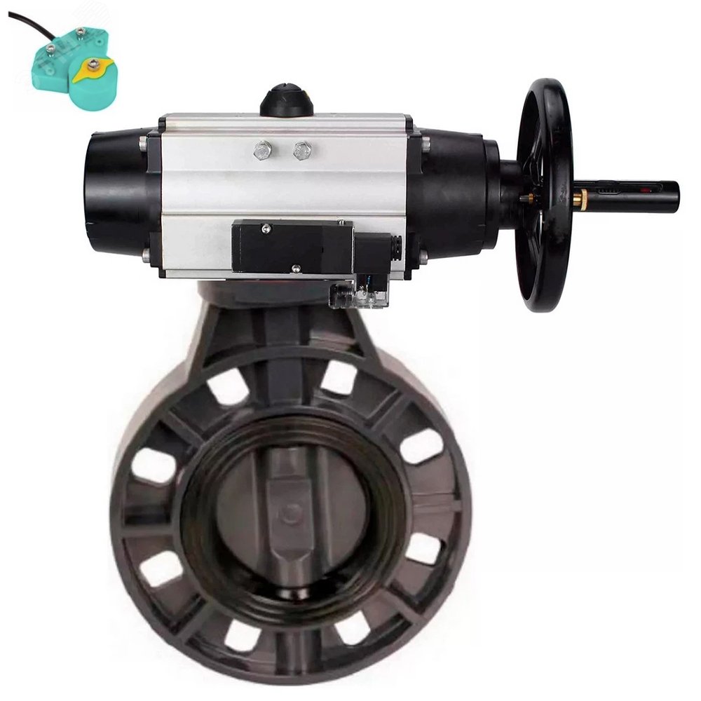 Изображение товара Затвор дисковый поворотный НПВХ-НПВХ-E-2W-Fb-ISO Дн50 Ру10 межфланцевый, корпус НПВХ, диск НПВХ, уплотнение EPDM, с пневмоприводом DA-105-1, пневмораспределителем PND1-S2EM-52-2-0-220VAC и магнитным переключателем МППП-200 (шт)