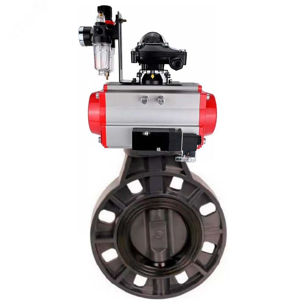 Изображение товара Затвор дисковый поворотный НПВХ Dn150 Ру10 с пневмоприводом и межфланцевым присоединением