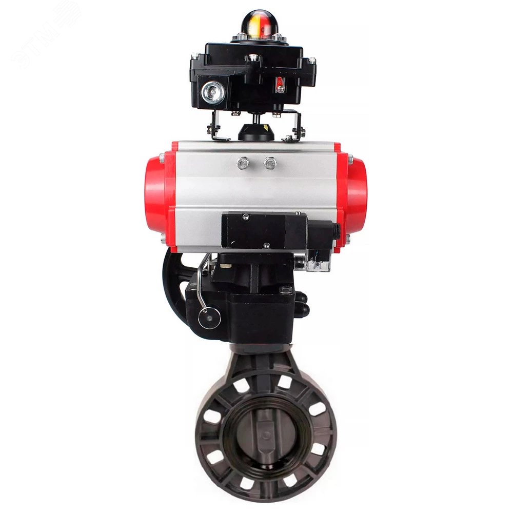 Изображение товара Дисковый поворотный затвор НПВХ Dn80 Ру10 с пневмоприводом и встроенным датчиком