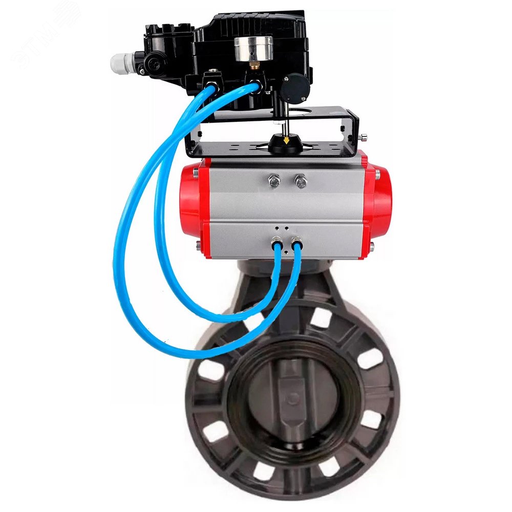 Изображение товара Затвор дисковый поворотный НПВХ Dn150 Ру10 с пневмоприводом и электропозиционером