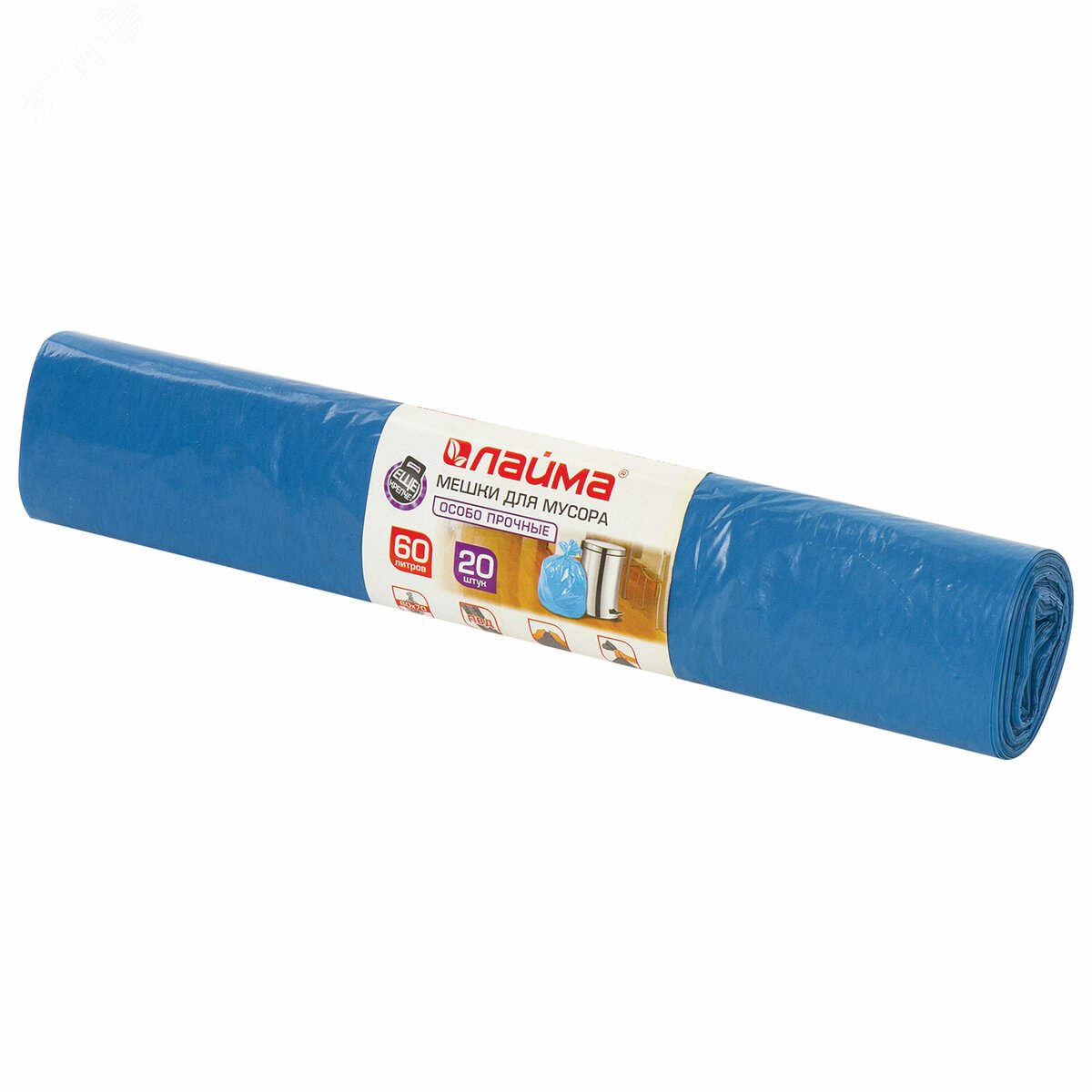 Изображение товара Мешки для мусора 60л синие в рулоне 20 шт особо прочные ПВД 30 мкм LAIMA