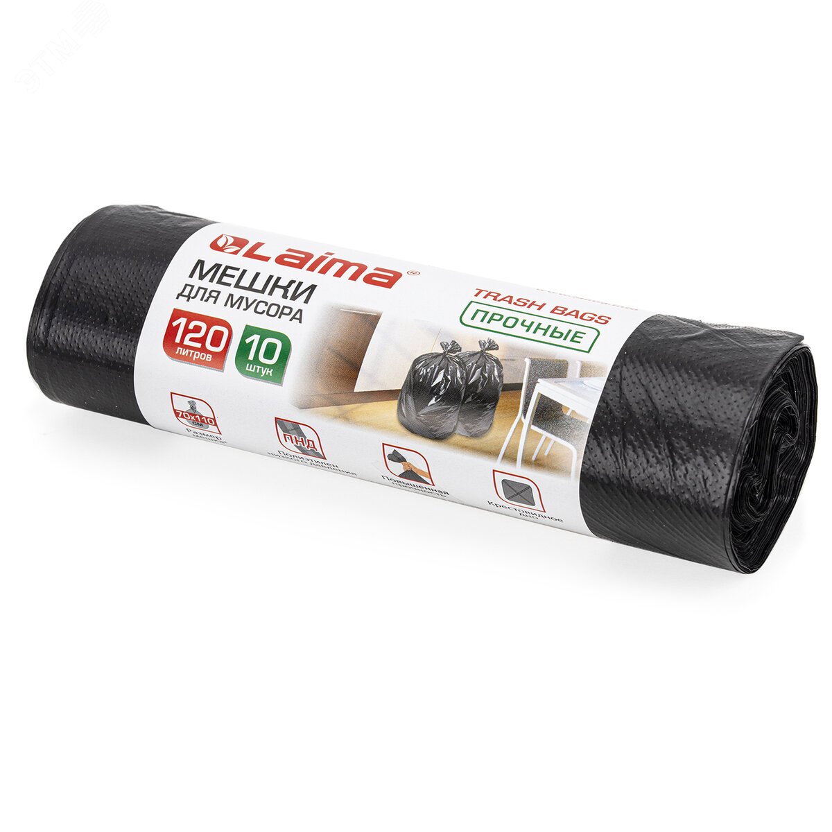 Изображение товара Мешки для мусора 120л черные в рулоне 10шт прочные LAIMA