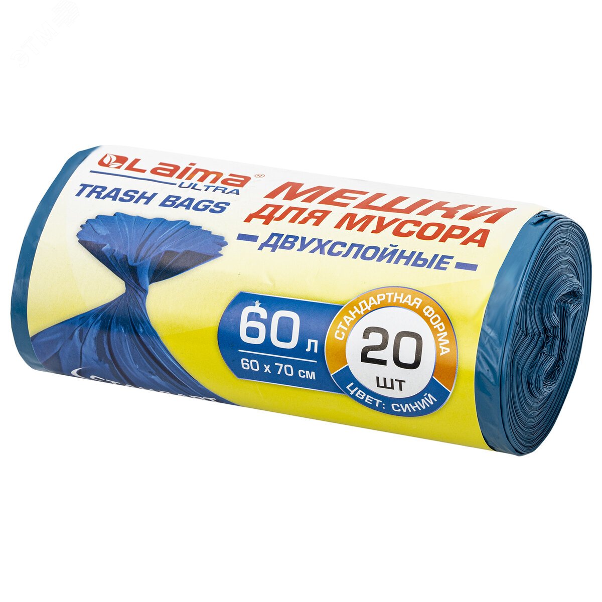 Изображение товара Мешки для мусора LAIMA 60л синие 20 шт прочные из ПВД
