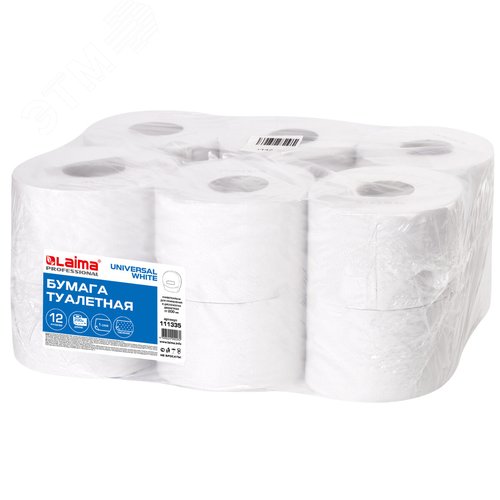 Изображение товара Бумага туалетная 200м, LAIMA (Т2), UNIVERSAL WHITE, 1-сл, цвет белый, КОМПЛЕКТ 12рул, код 111335 (шт)
