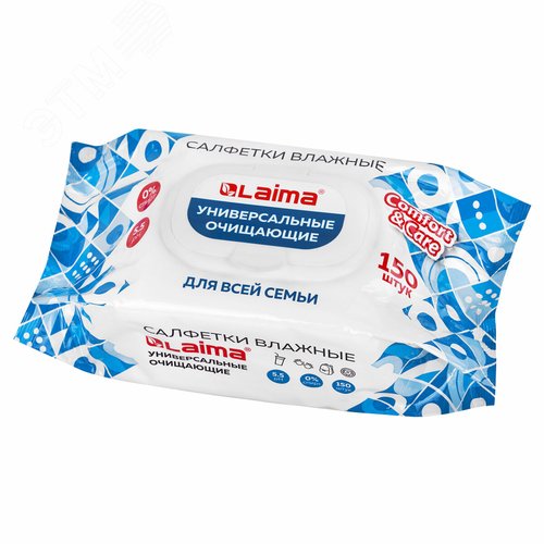 Изображение товара Салфетки влажные 150 шт, универсальные, с пластиковым клапаном, для всей семьи (шт)