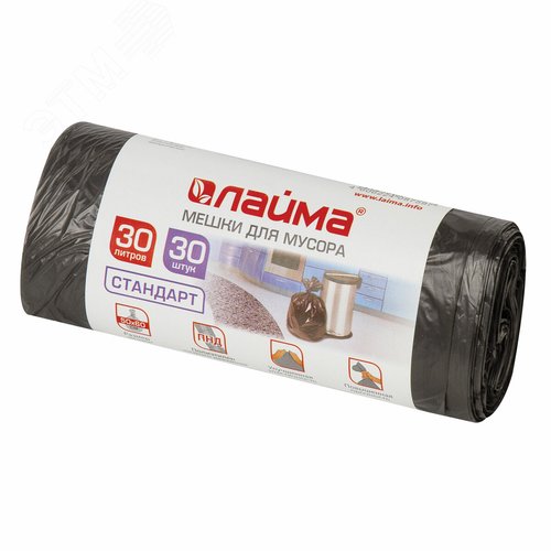 Изображение товара Мешки для мусора 30л черные в рулоне 30 шт, ПНД 8 мкм, 50х60см, LAIMA, 601377 (шт)