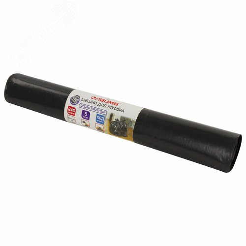 Изображение товара Мешки для мусора 240л черные в рулоне 5 шт особо прочные, ПВД 80 мкм, 90х140см, LAIMA, 605339 (шт)