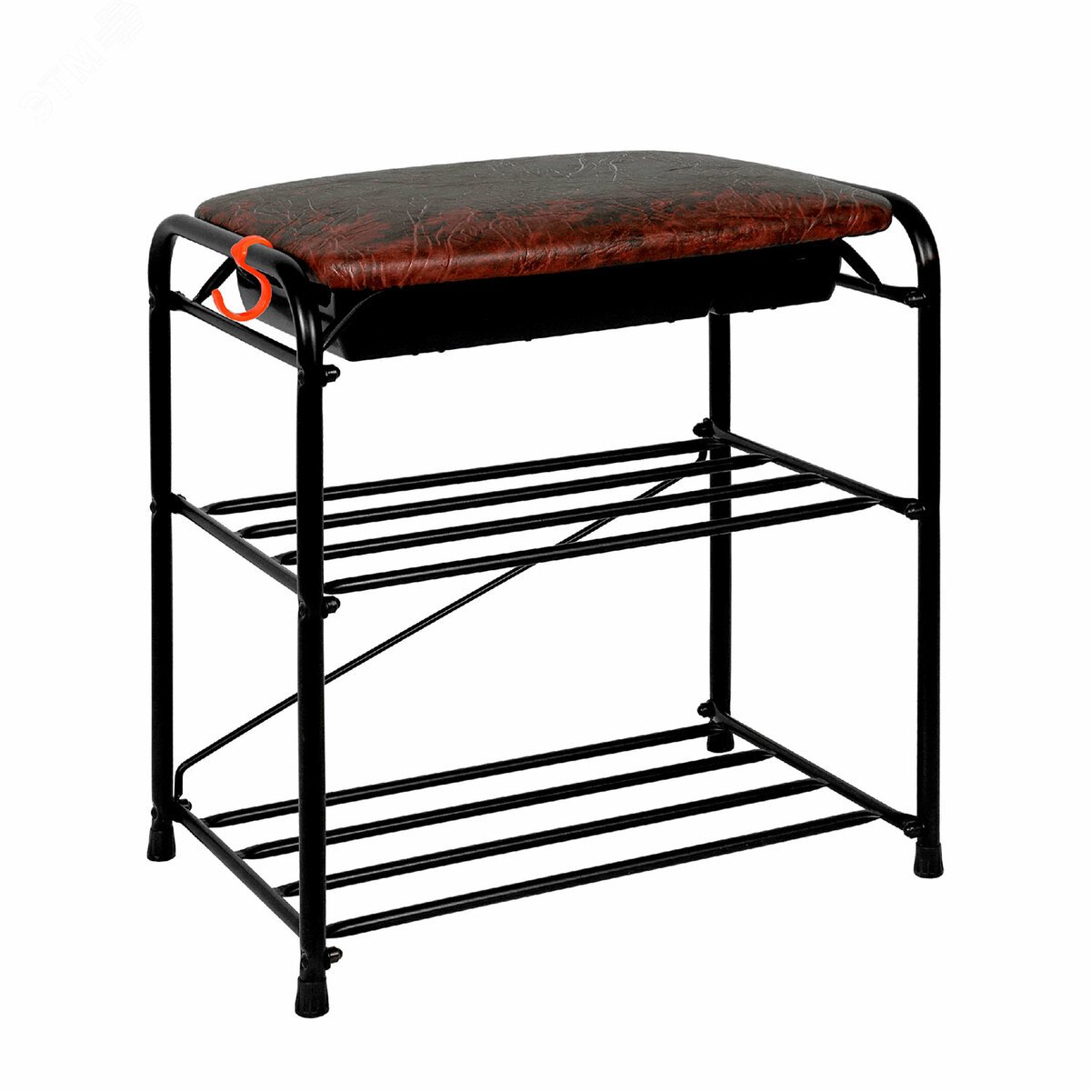 Изображение товара Банкетка для обуви Альфа-13СЯ (ш450 х г300 х в480 мм), 2 полки, ящик, металл/кожзам, черная/коричневая (упак)