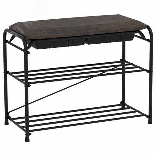 Изображение товара Банкетка для обуви Альфа-23СЯ (ш650 х г300 х в480 мм), 2 полки, ящик, металл/кожзам, черная/коричневая (упак)