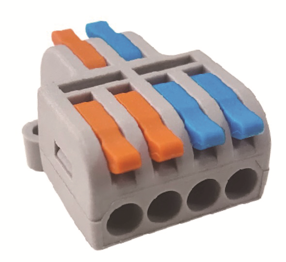 Клеммник 2 в 4 конт. крас./син.клав.  зажимн.электромонт.проходн. (4.0кв.мм)