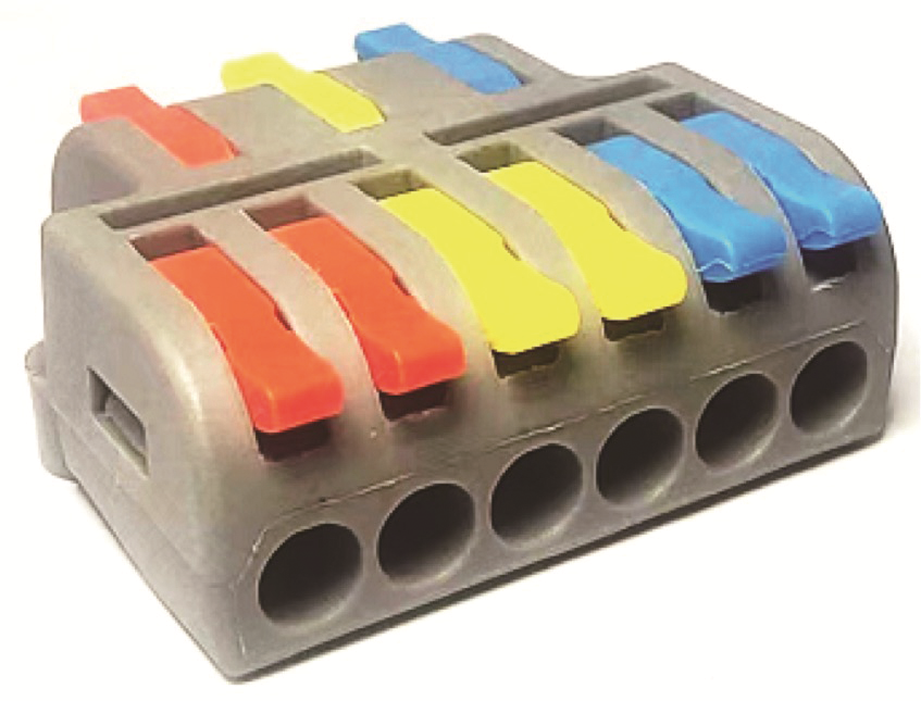 Клеммник 3 в 6 к. крас.желт.син.клав.  зажимн.электромонт.проход. (4.0кв.мм)