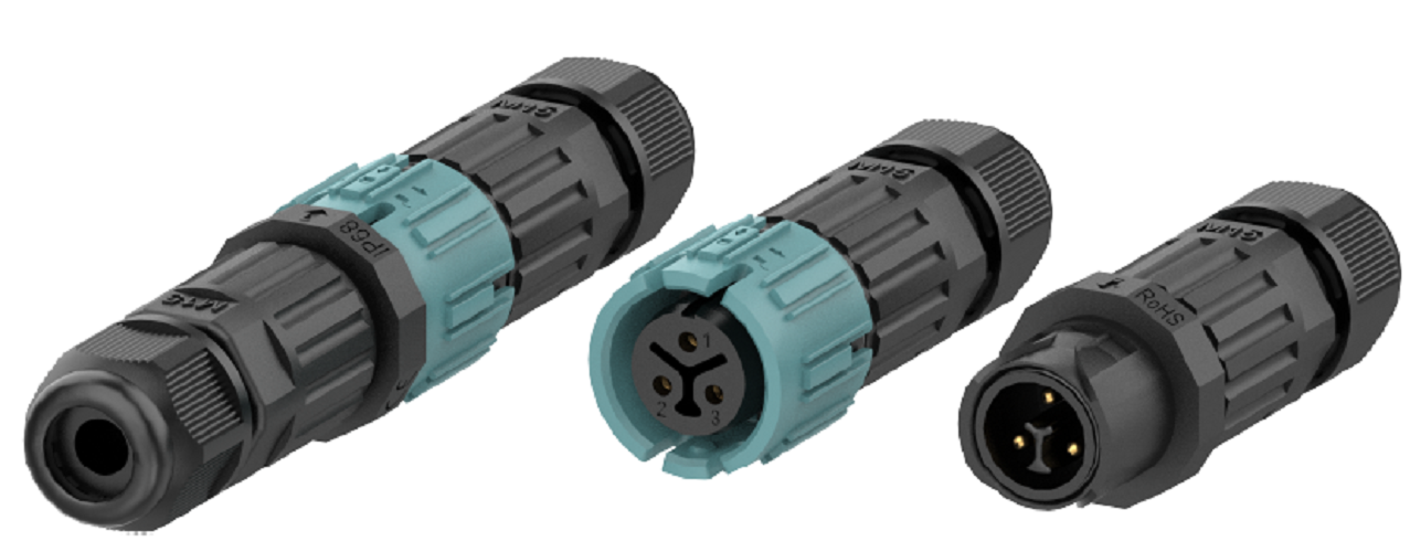 "Коннектор кабельный 3 конт. ""вилка - гнездо"" электромонт. IP68, для соед. 2-х кабелей (сеч. пров. 0.5 - 1.5 кв.мм/ ПОД ПАЙКУ), кабель-вводы под диам. 2.5 - 4.5 мм (с  уплотн.), до 450В/20А макс. (черн. изол. PA66), от - 40 до + 105 гр.C"