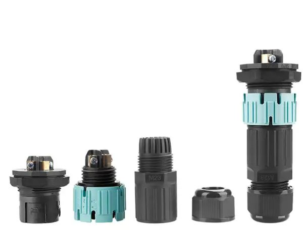 "Коннектор кабельный 3 конт. ""вилка - гнездо"" (кабель - приборная панель) электромонт. IP68, сеч. пров. 0.5 - 2.5 кв.мм/ под винтовые зажимы, кабель-ввод под диам. 5.0 - 8.0 мм (с  уплотн.), до 450В/20А макс. (черн. изол. PA66), от - 40 до + 105 гр.C"